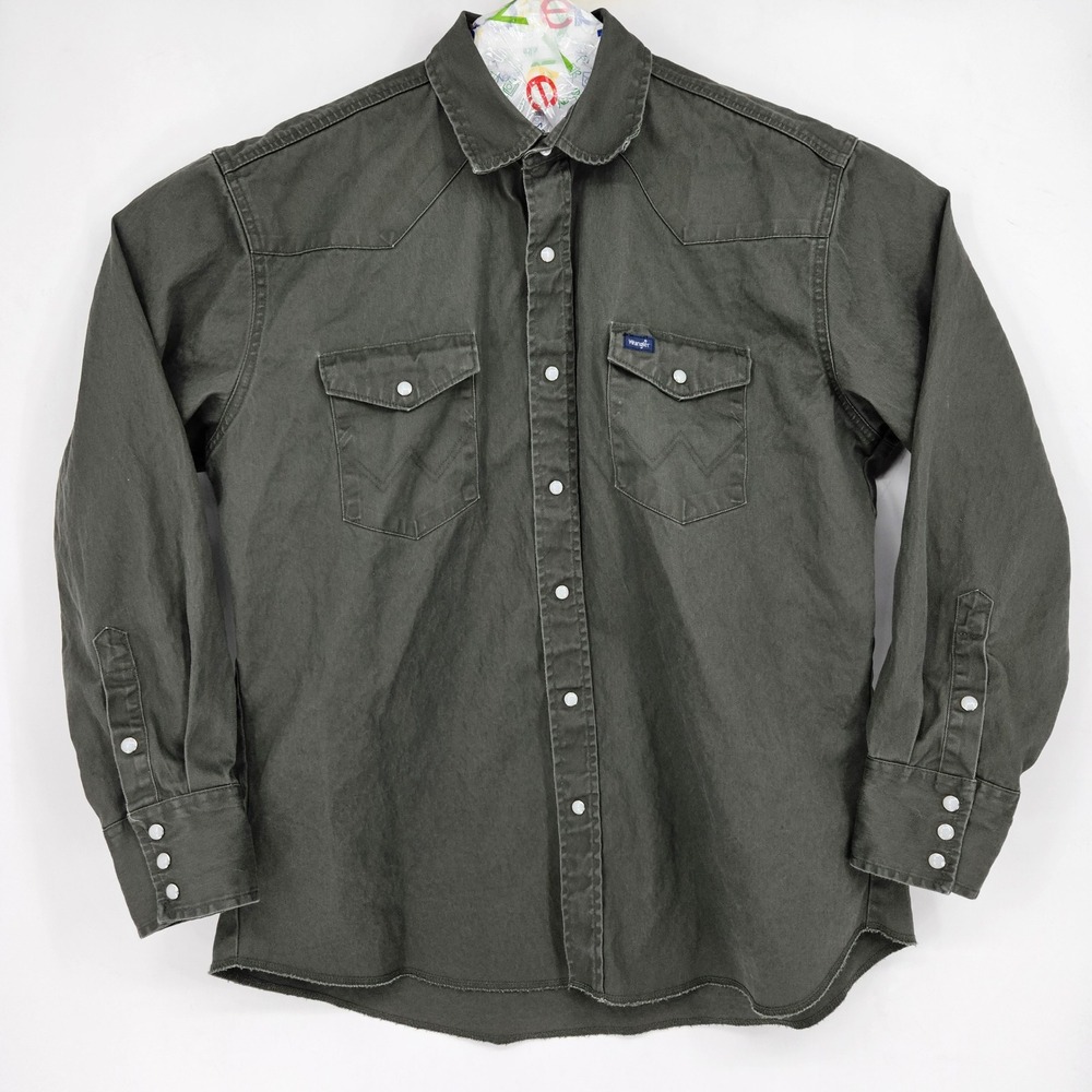 Vintage Wrangler Pearl Snap Shirt Mens XL Western Gray Green Denim Rancher